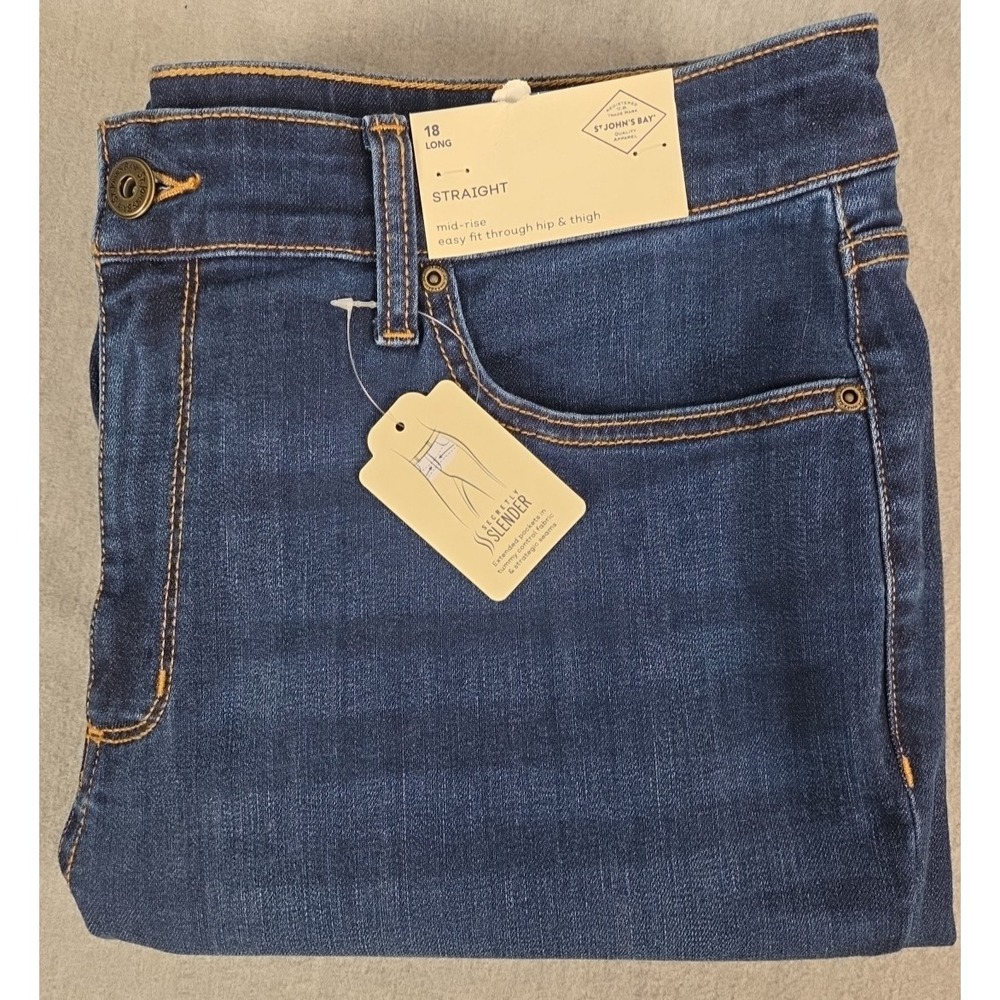 St Johns Bay Straight Leg Jeans Womens 18 Long Secretly Slender Stretch NEW